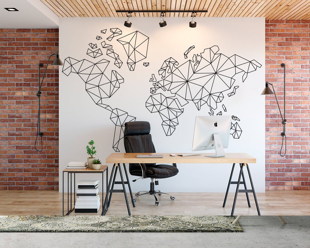 Geometric World Map Wall Decal: Minimalist Abstract Office Decor