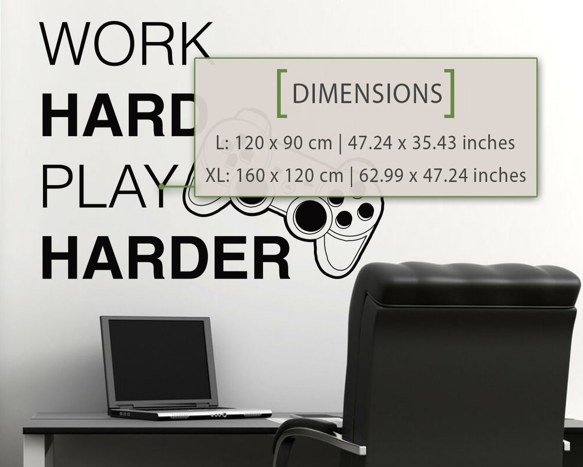 Work Hard Play Harder Wall Decal, Gamer Room Decor, Gaming Motivation Vinyl Sticker