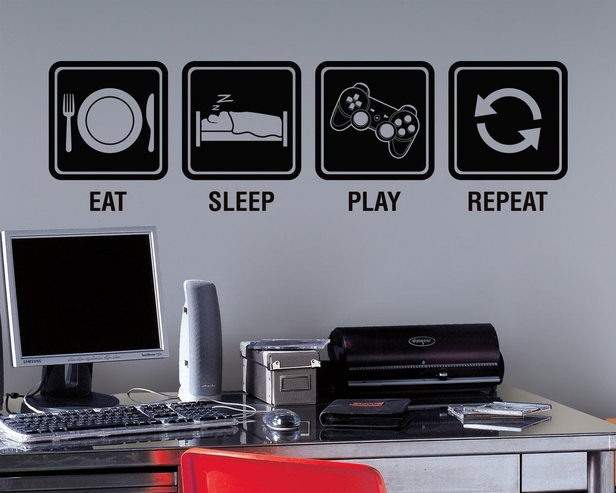 Eat Sleep Play Repeat Wall Decal, Gamer Room Decor, Battlestation Vinyl Sticker