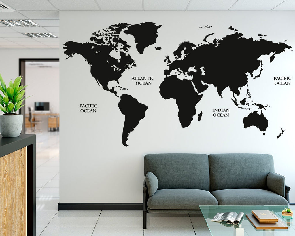 World Map Wall Decal: Large Vinyl Sticker, Home Office Decor