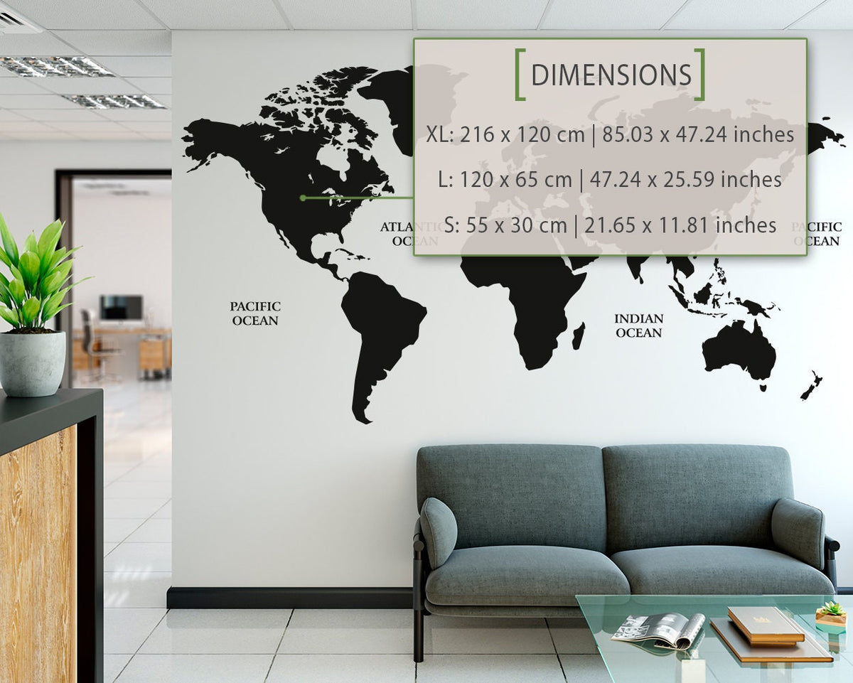 World Map Wall Decal: Large Vinyl Sticker, Home Office Decor