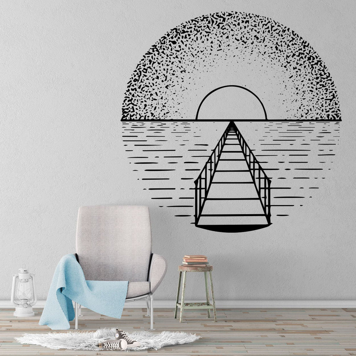 Sunset Pier Vinyl Wall Decal: Living Room Decor