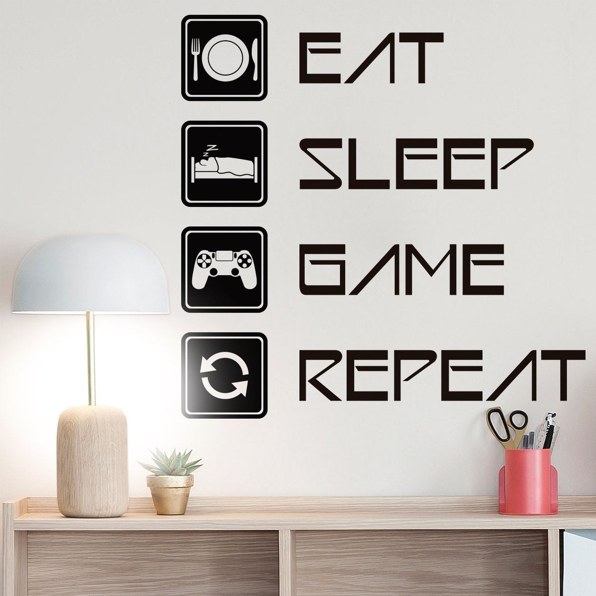 Eat Sleep Game Repeat Wall Decal, Gamer Room Decor, Battlestation Vinyl Sticker