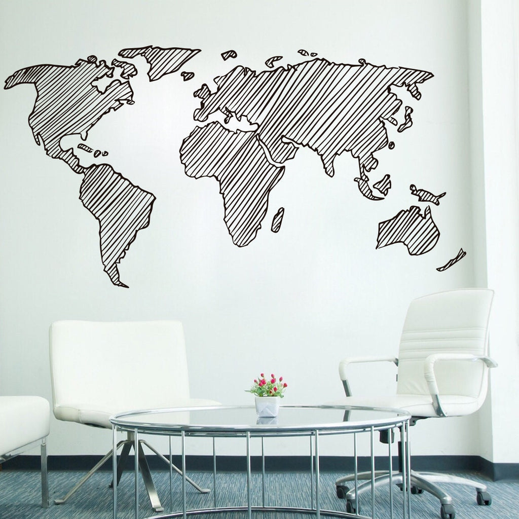 Sketch World Map Wall Decal: Kids Room, Office Decor