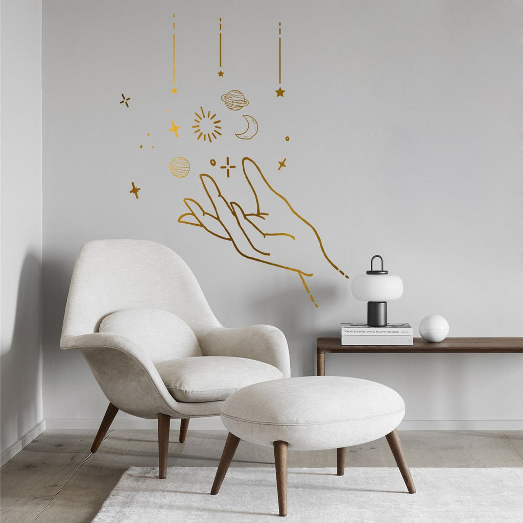 Hand and Planets Vinyl Wall Decal: Space Doodles Art