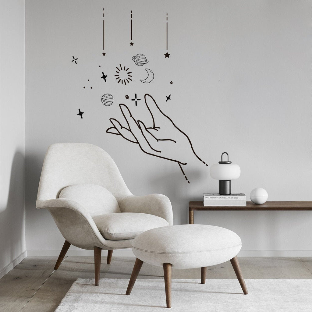 Hand and Planets Vinyl Wall Decal: Space Doodles Art