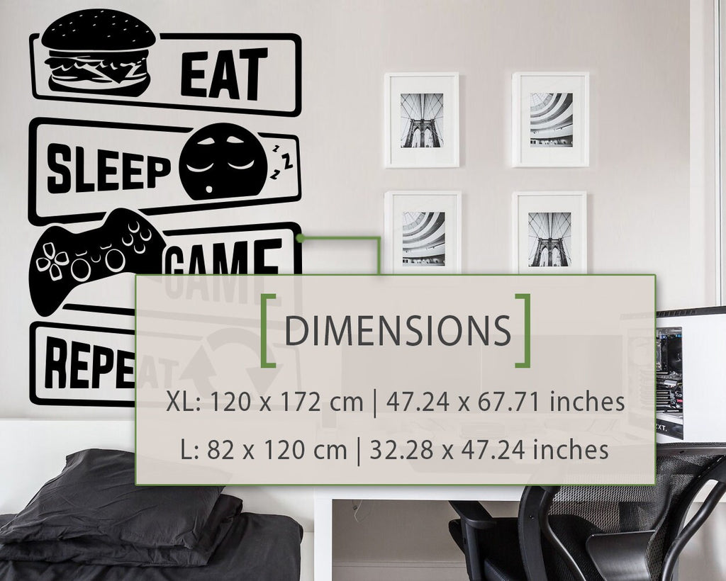 Eat Sleep Game Repeat Gamer Wall Decal, Video Game Room Decor, Vinyl Sticker