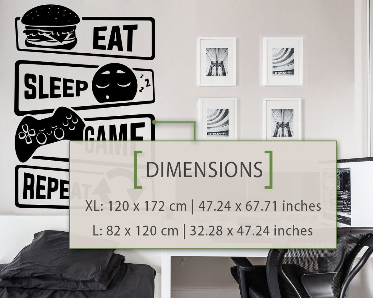 Eat Sleep Game Repeat Gamer Wall Decal, Video Game Room Decor, Vinyl Sticker