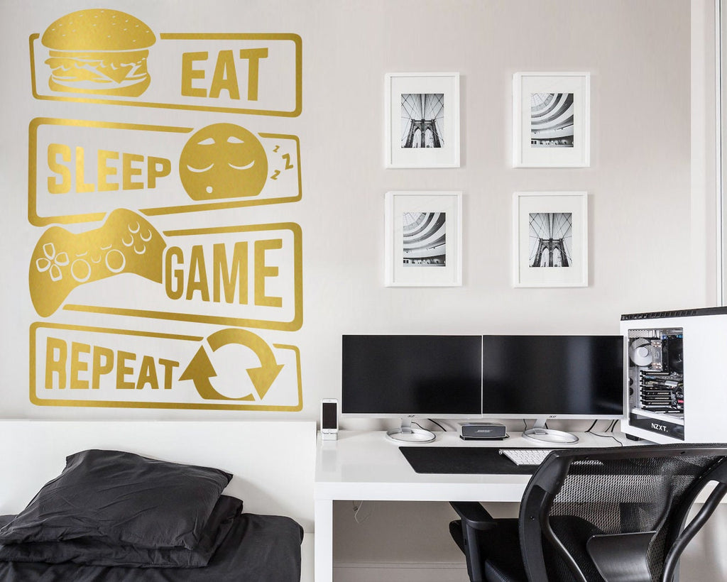 Eat Sleep Game Repeat Gamer Wall Decal, Video Game Room Decor, Vinyl Sticker