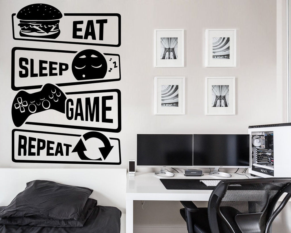 Eat Sleep Game Repeat Gamer Wall Decal, Video Game Room Decor, Vinyl Sticker