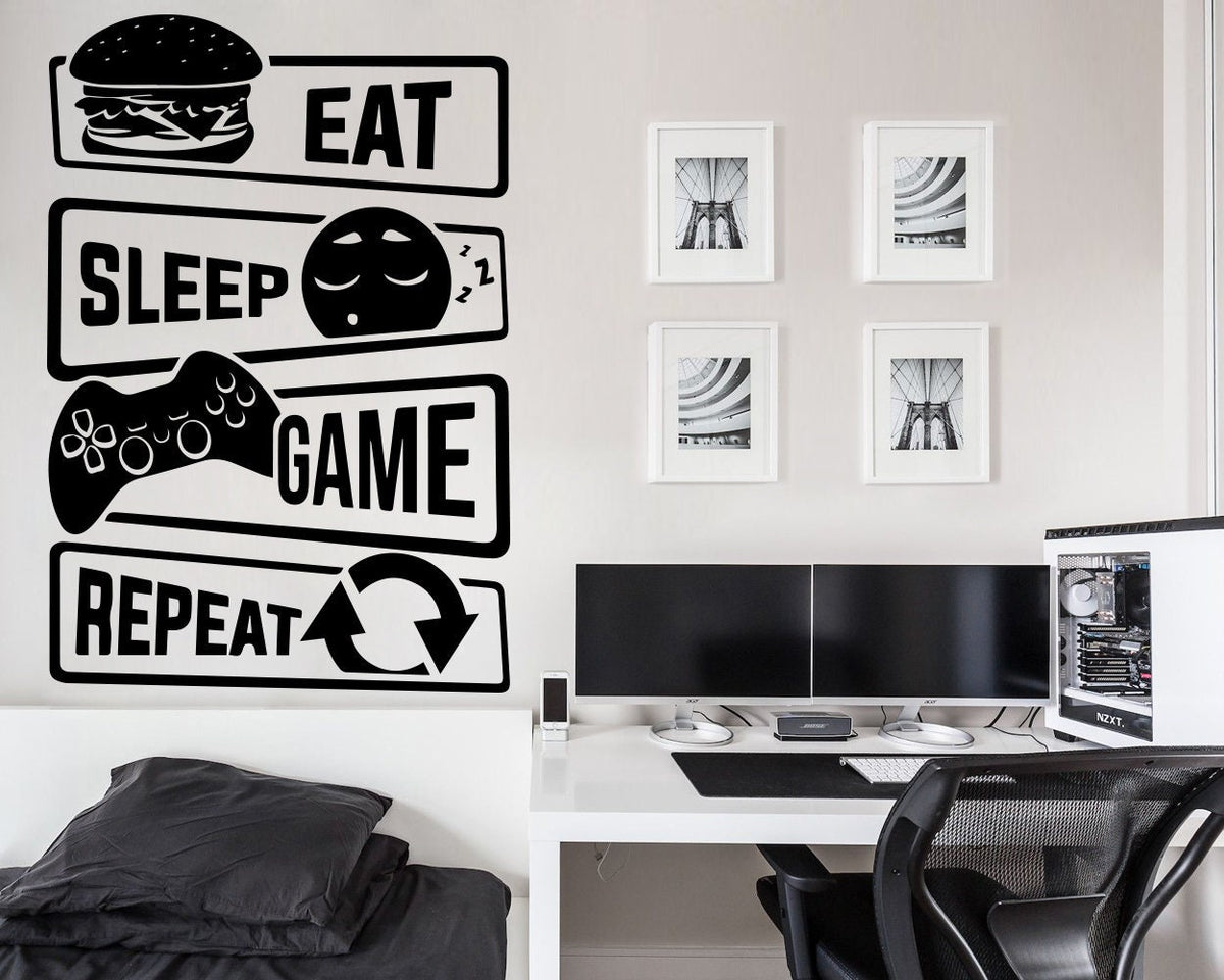 Eat Sleep Game Repeat Gamer Wall Decal, Video Game Room Decor, Vinyl Sticker