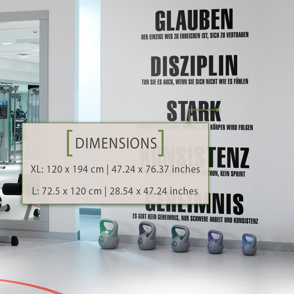 Gym Values Wall Decal in German, Motivational Fitness Studio Word Art, Vinyl Decor
