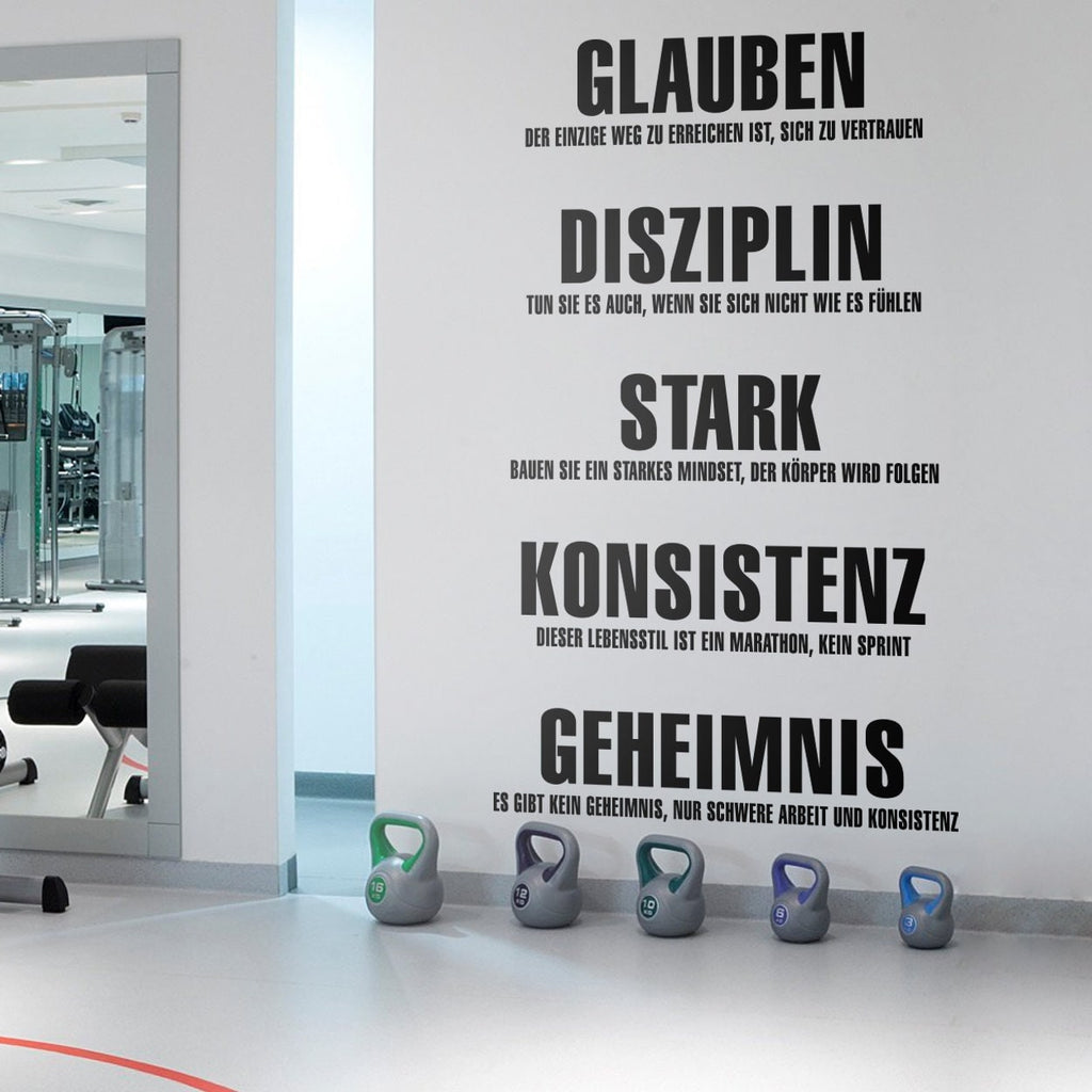 Gym Values Wall Decal in German, Motivational Fitness Studio Word Art, Vinyl Decor