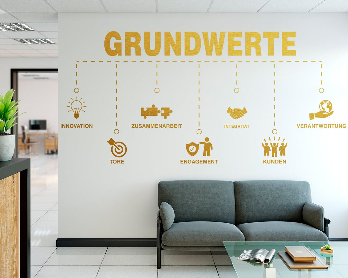 Grundwerte Wall Decal, German Core Values Office Wall Art, Vinyl Lettering for Workspace