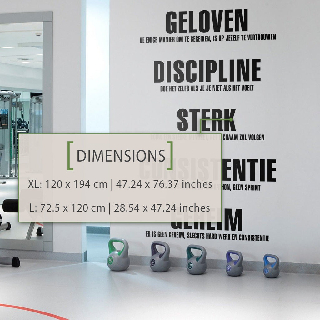 Gym Values Wall Decal in Dutch, Motivational Fitness Studio Word Art, Vinyl Decor