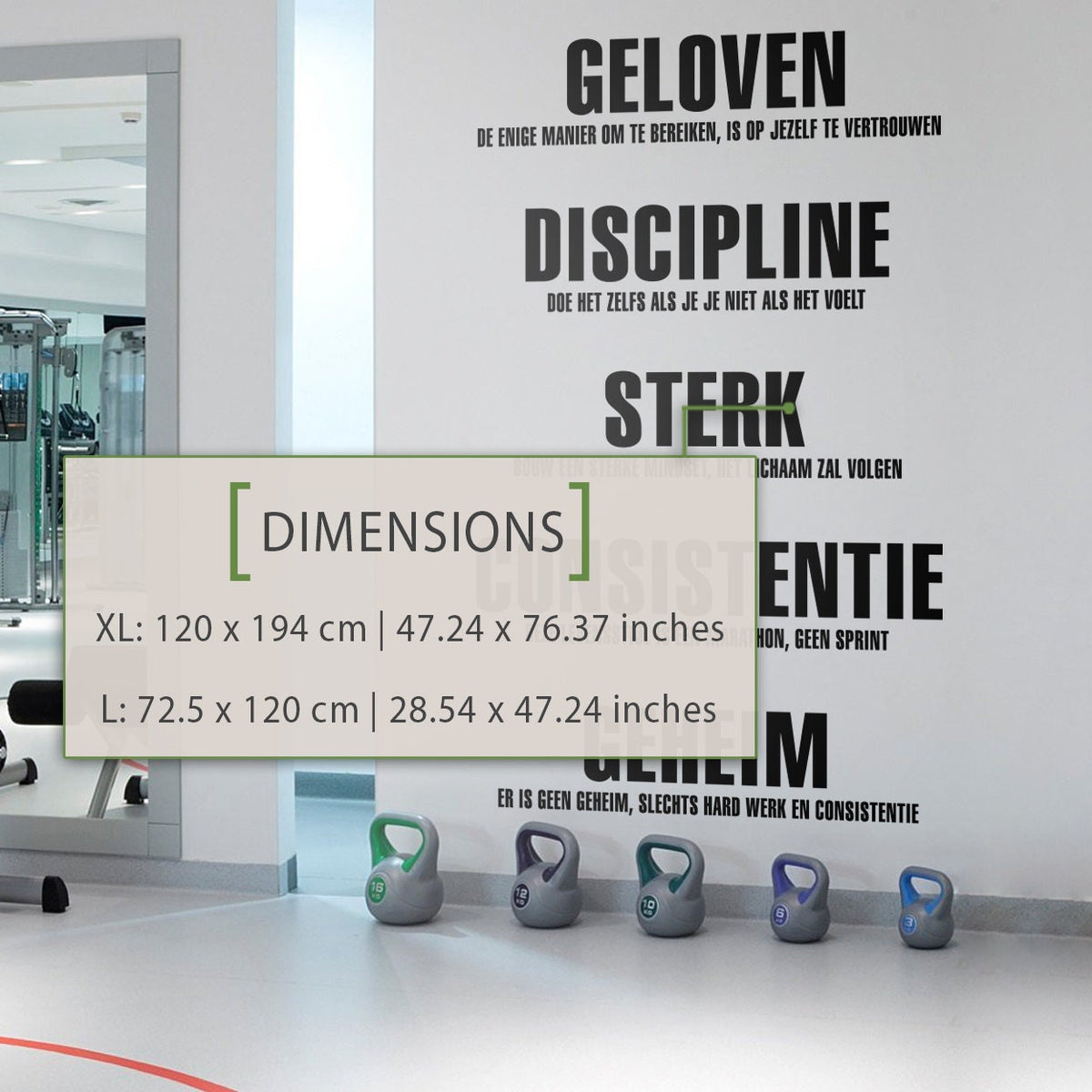 Gym Values Wall Decal in Dutch, Motivational Fitness Studio Word Art, Vinyl Decor