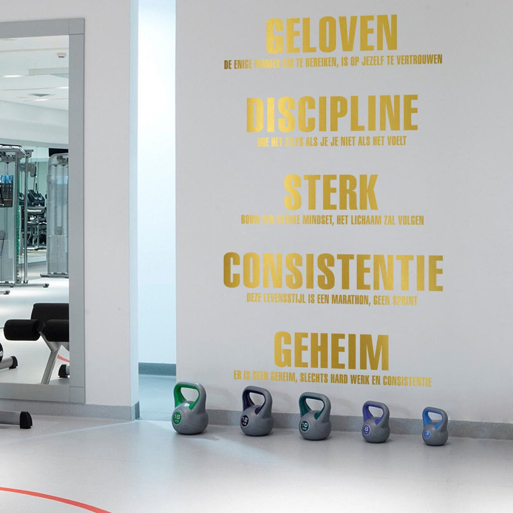 Gym Values Wall Decal in Dutch, Motivational Fitness Studio Word Art, Vinyl Decor