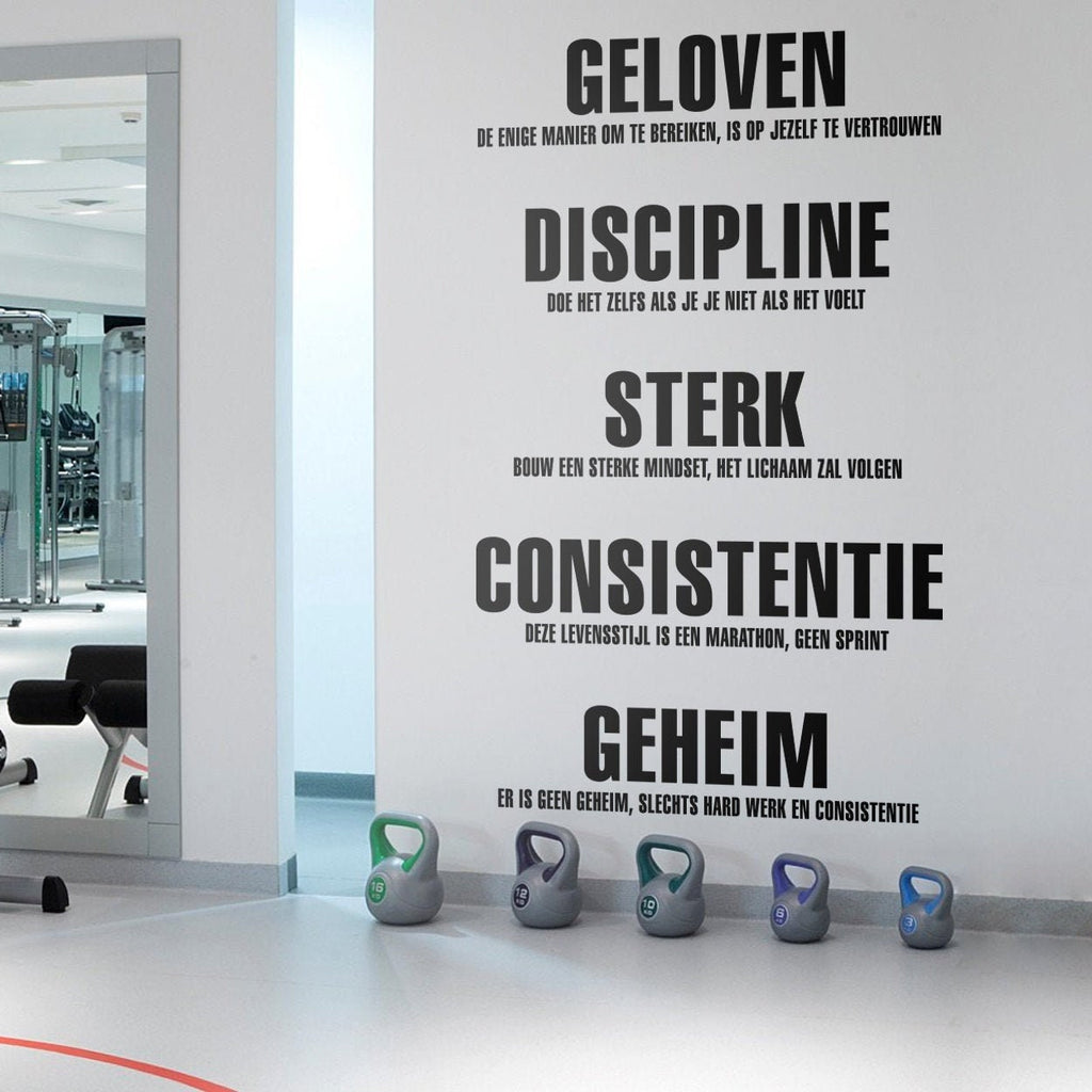 Gym Values Wall Decal in Dutch, Motivational Fitness Studio Word Art, Vinyl Decor