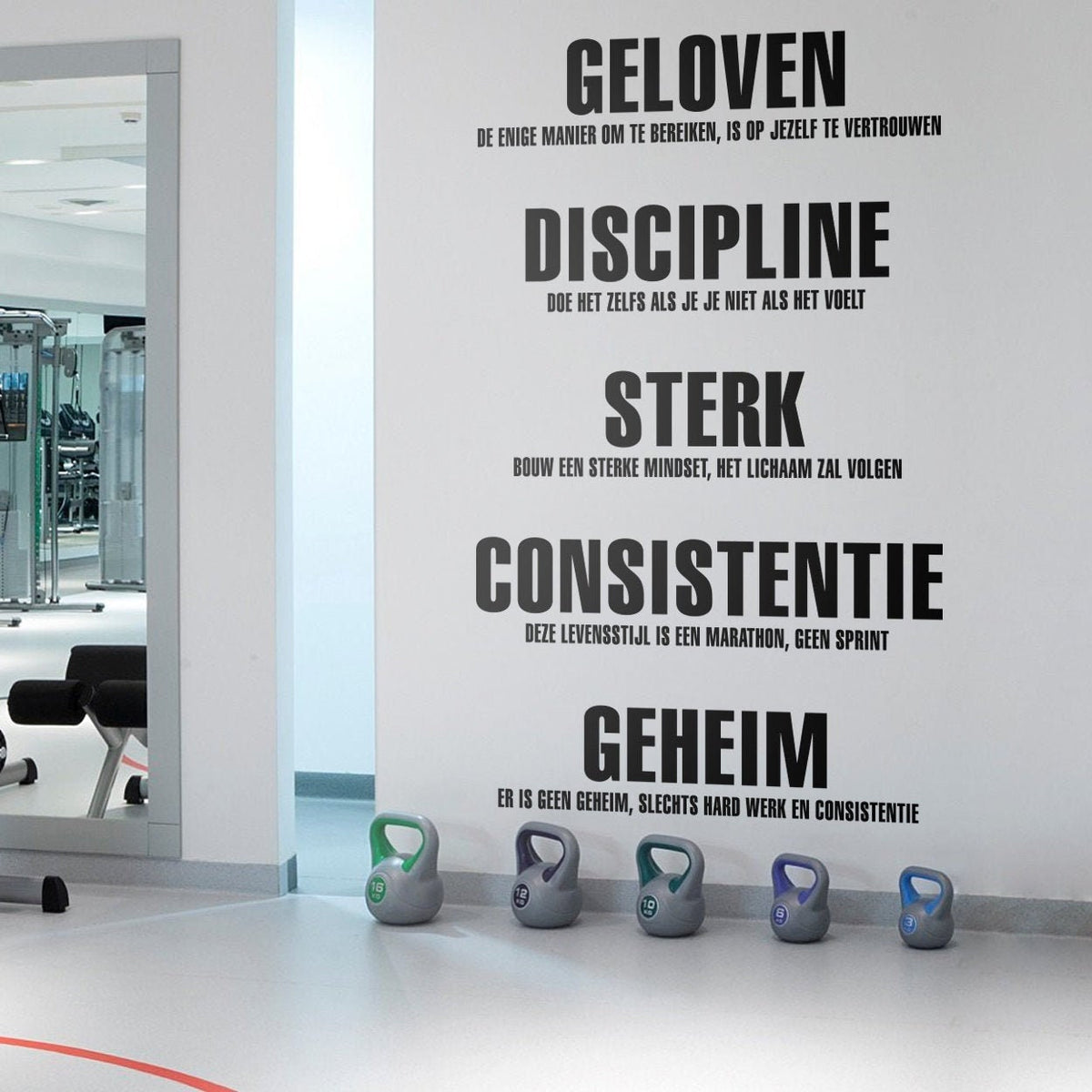 Gym Values Wall Decal in Dutch, Motivational Fitness Studio Word Art, Vinyl Decor