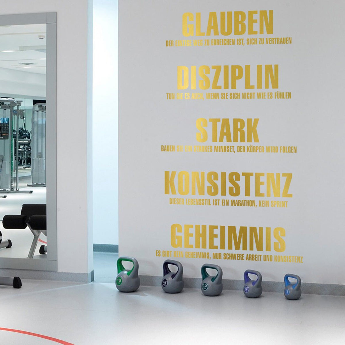 Gym Values Wall Decal in German, Motivational Fitness Studio Word Art, Vinyl Decor