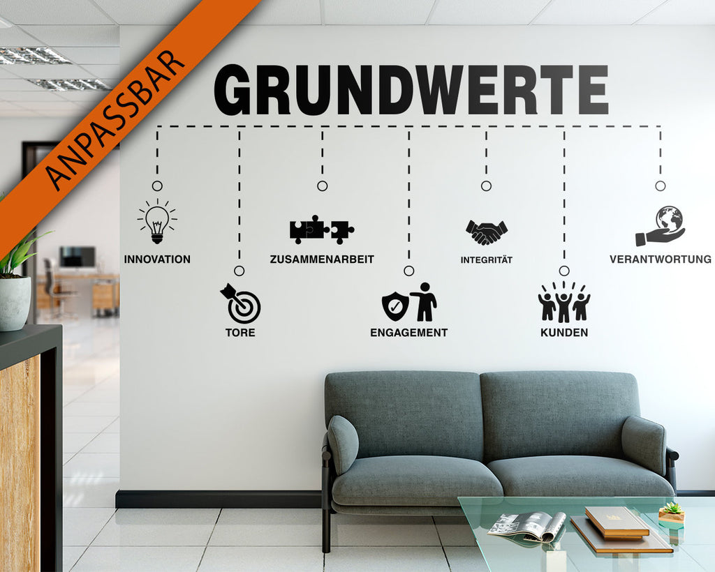 Grundwerte Wall Decal, German Core Values Office Wall Art, Vinyl Lettering for Workspace