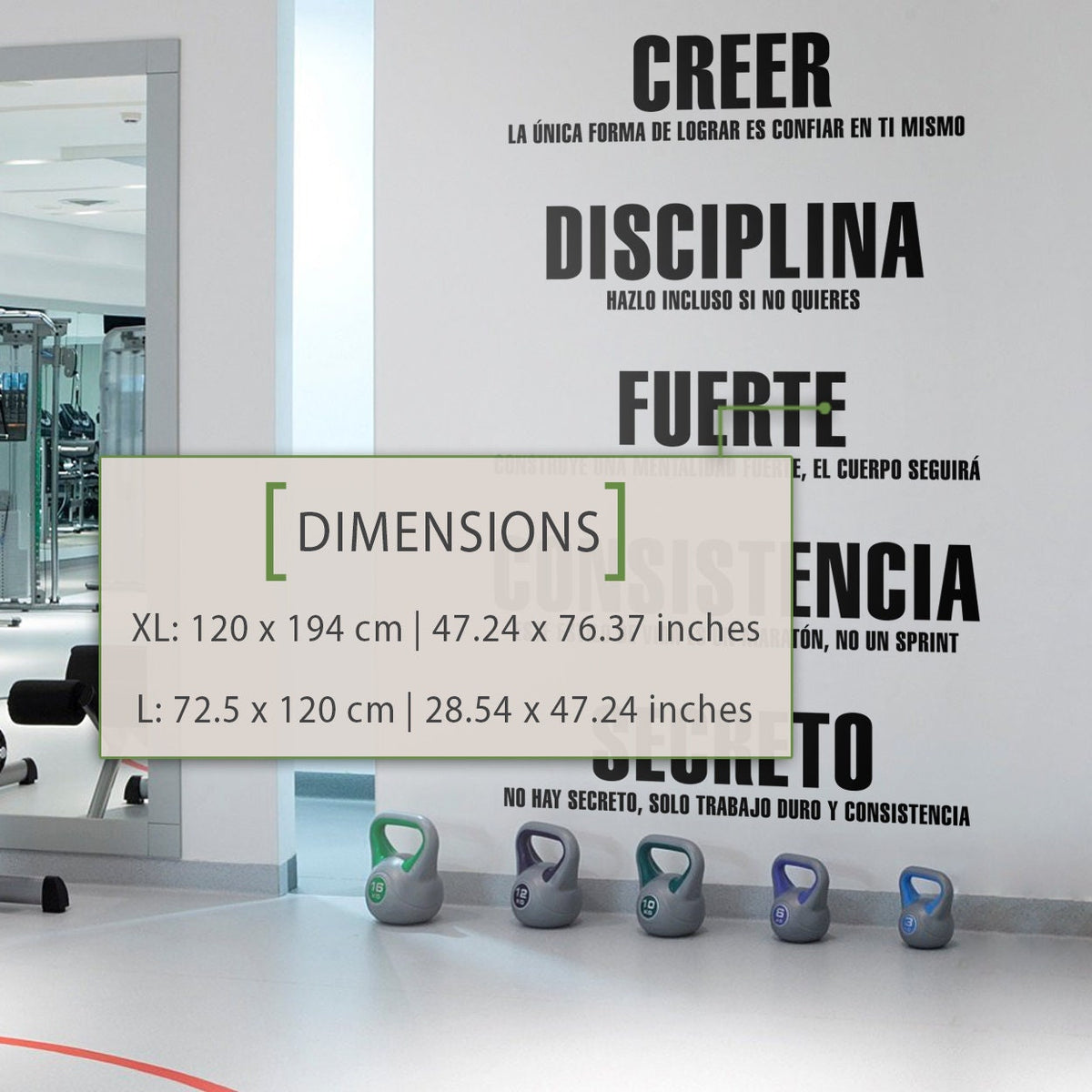Gym Values Wall Decal in Spanish, Motivational Fitness Studio Word Art, Vinyl Decor
