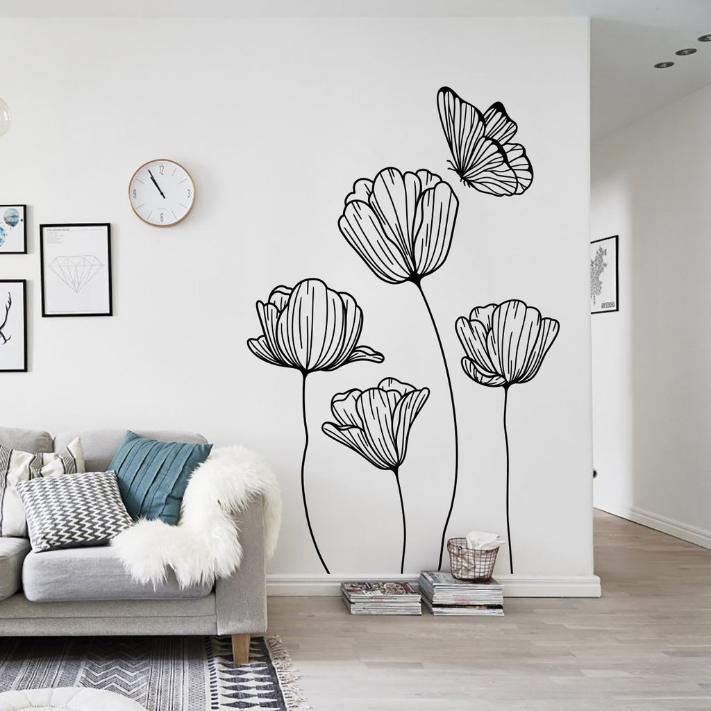 Poppies and Butterfly Wall Decal - Minimalist Floral Vinyl Sticker, Nature-Inspired Elegant Home Decor for Living Room, Bedroom, Entryway