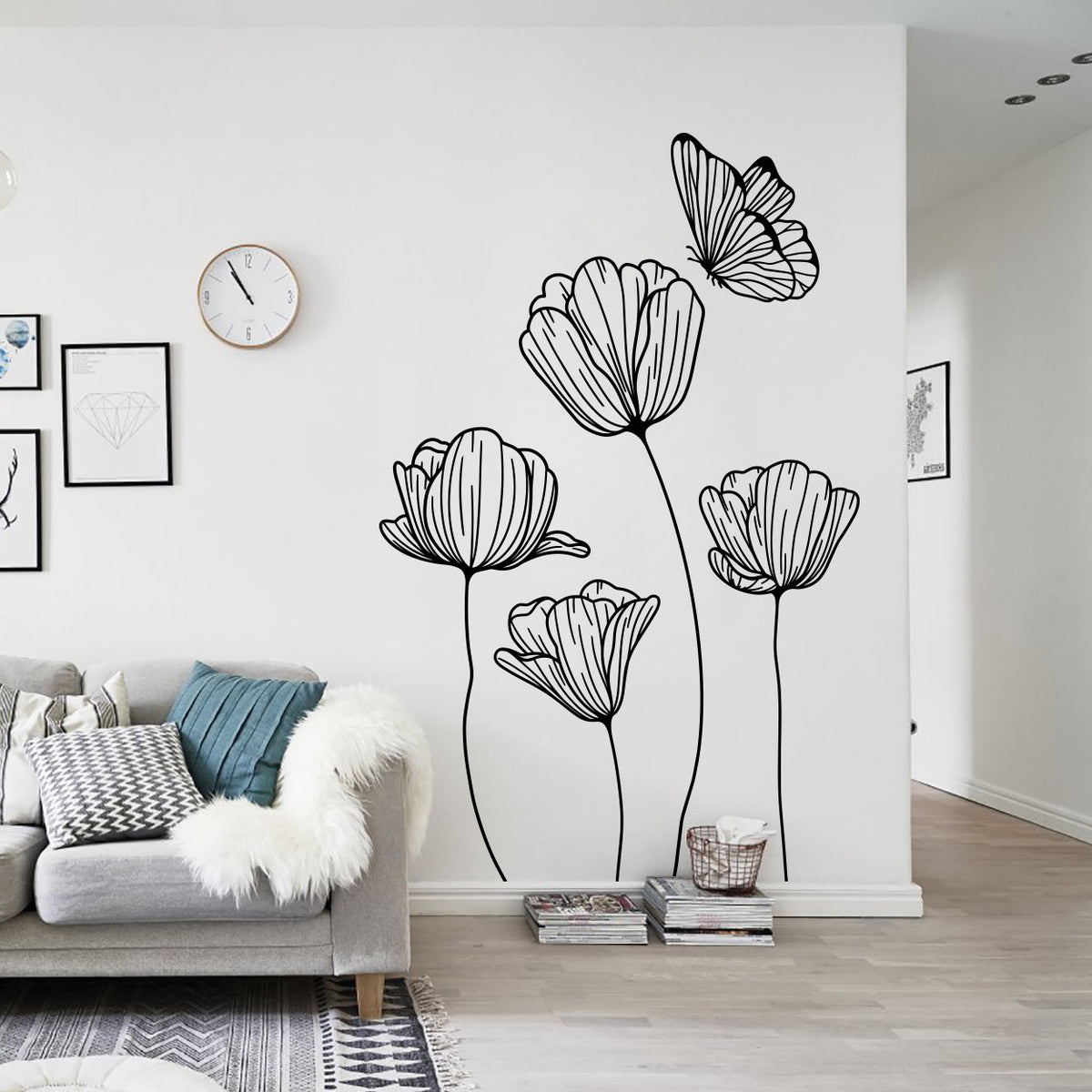 Poppies and Butterfly Wall Decal - Minimalist Floral Vinyl Sticker, Nature-Inspired Elegant Home Decor for Living Room, Bedroom, Entryway