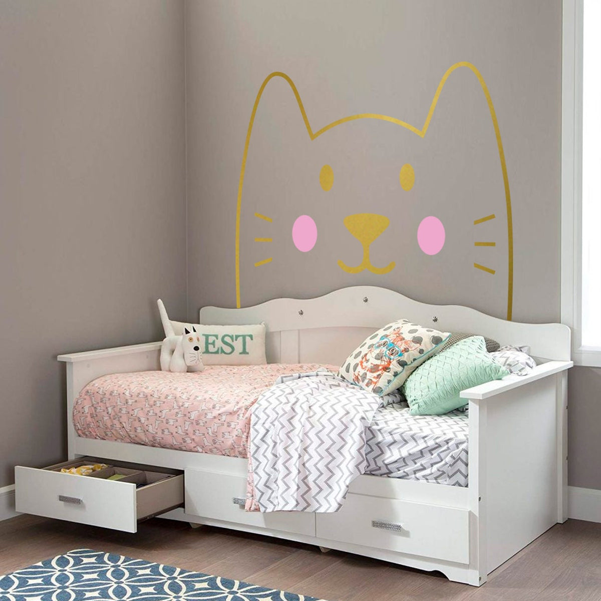 Minimalist Cat Headboard Decal: Nursery Kids Room Removable Wall Art