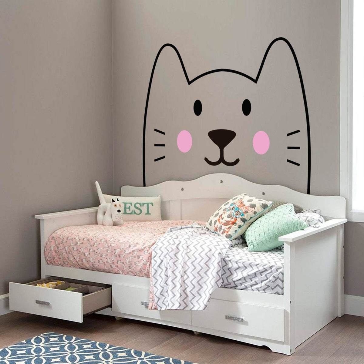 Minimalist Cat Headboard Decal: Nursery Kids Room Removable Wall Art