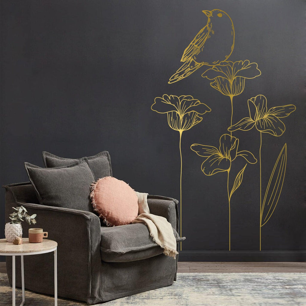 Flowers and Bird Wall Decal: Minimalist Home Decor