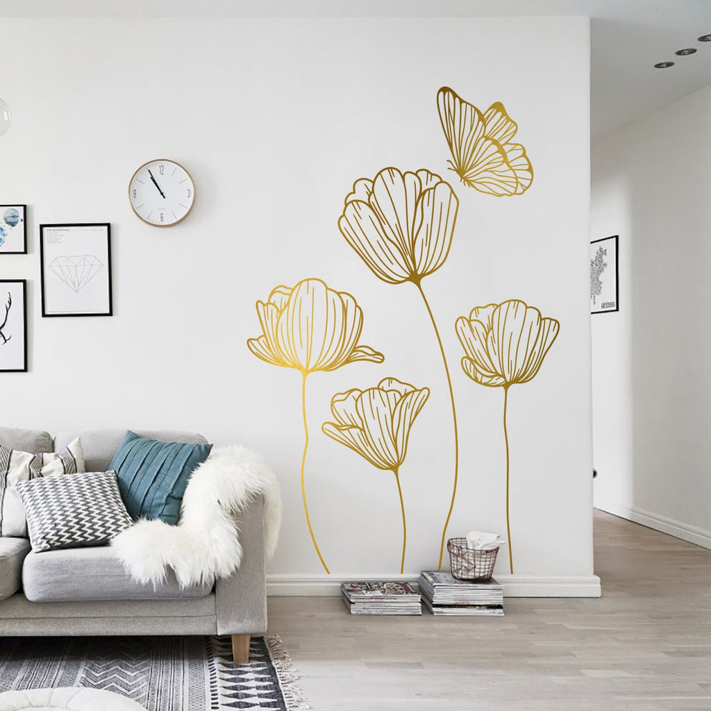 Poppies and Butterfly Wall Decal: Minimalist Floral Vinyl Sticker