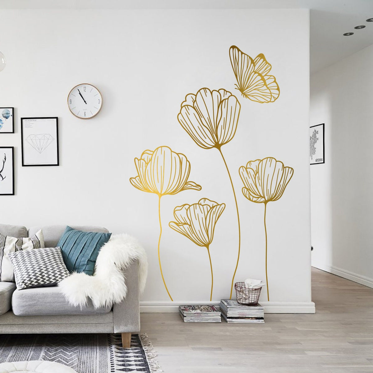 Poppies and Butterfly Wall Decal: Minimalist Floral Vinyl Sticker