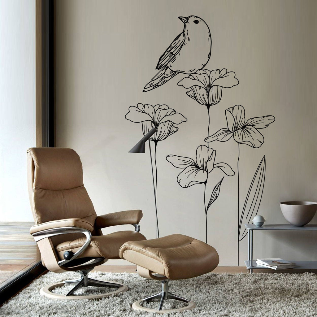 Flowers and Bird Wall Decal: Minimalist Home Decor