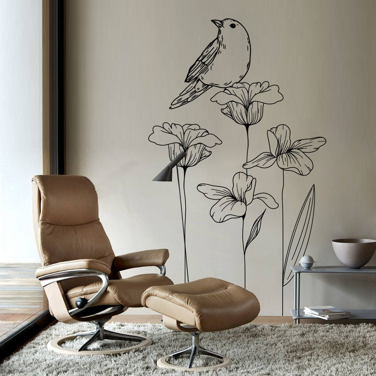 Flowers and Bird Wall Decal: Minimalist Home Decor