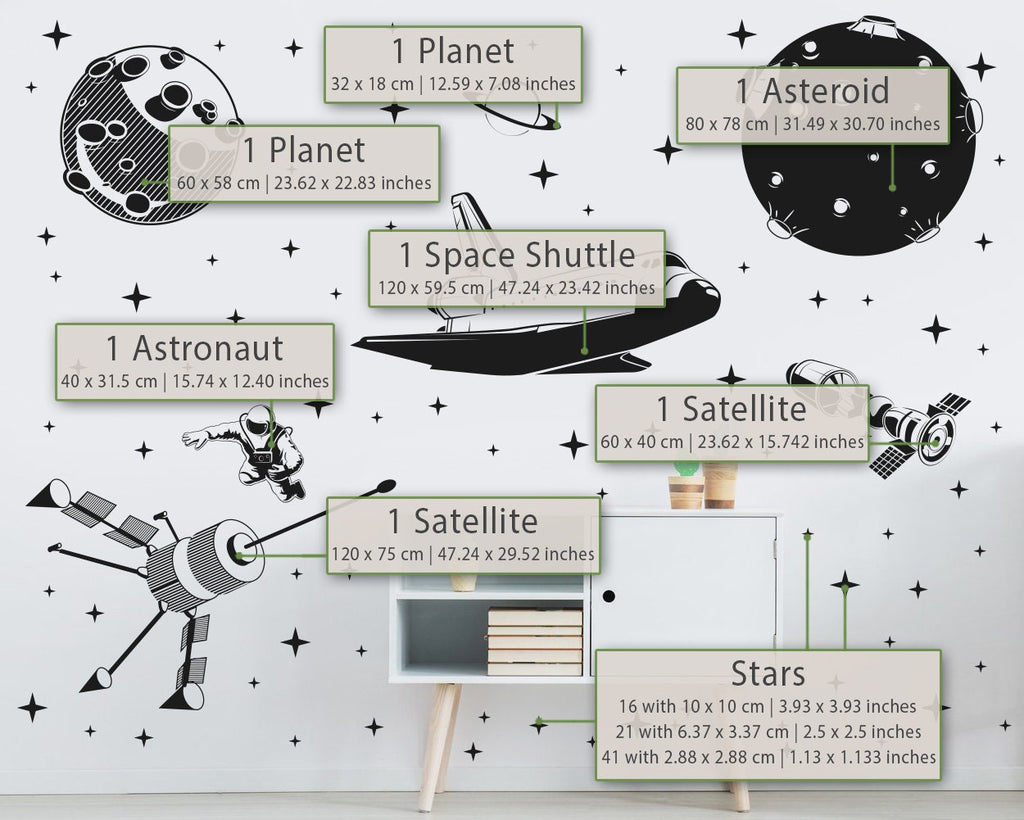 Space Wall Decal: Shuttle, Astronaut, Planets, Stars - Kids Wall Art