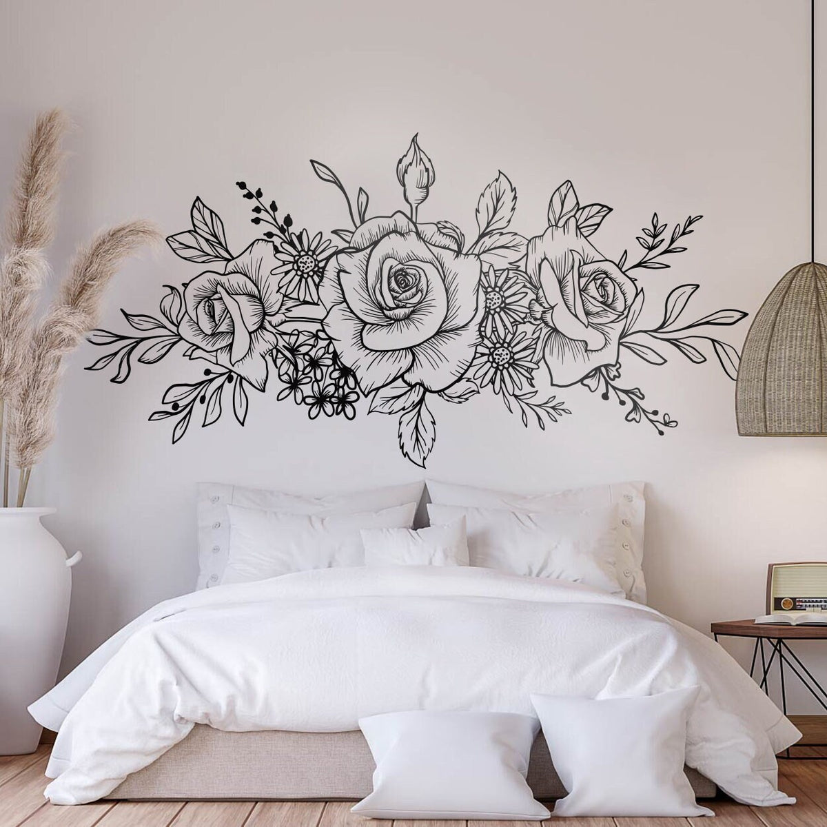 Rose Floral Headboard Wall Decal: Minimalist Nature Decor