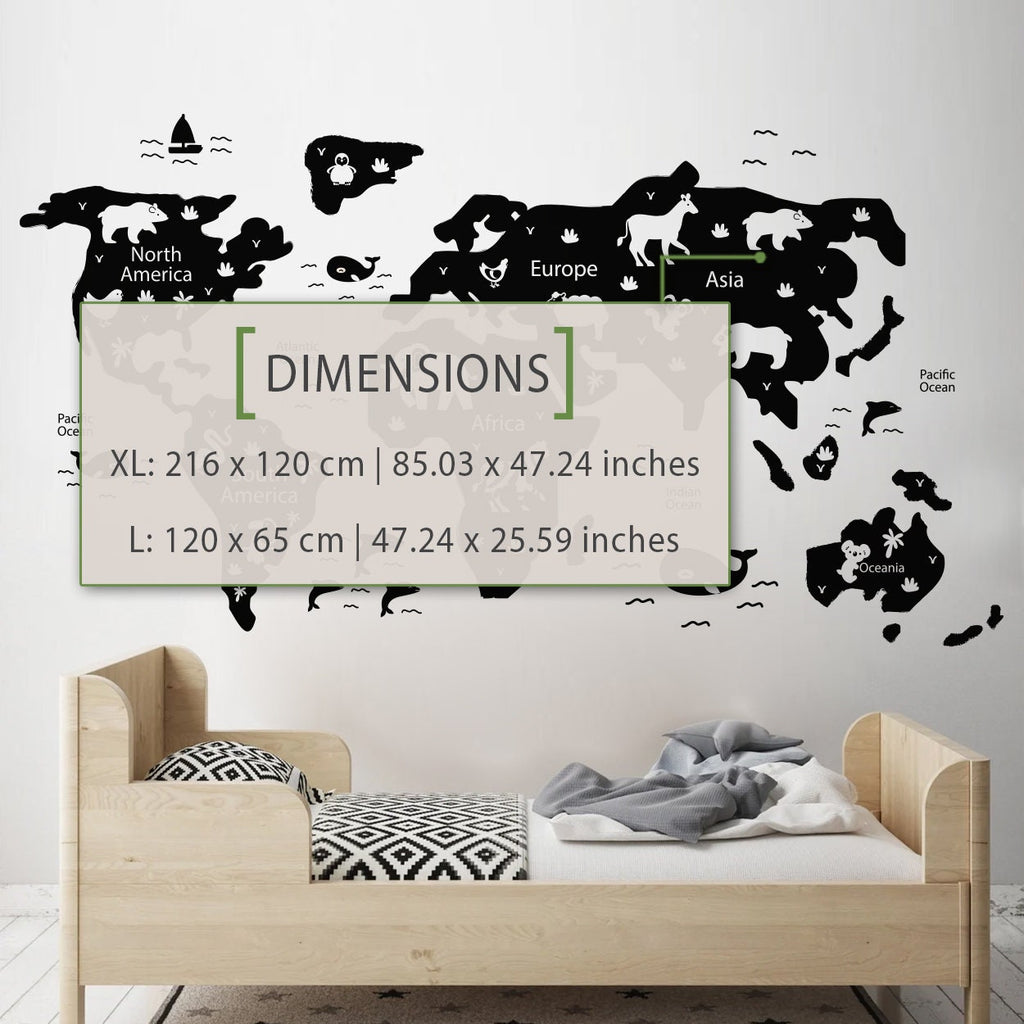 Kids World Map Decal: Nursery Animals Wall Art