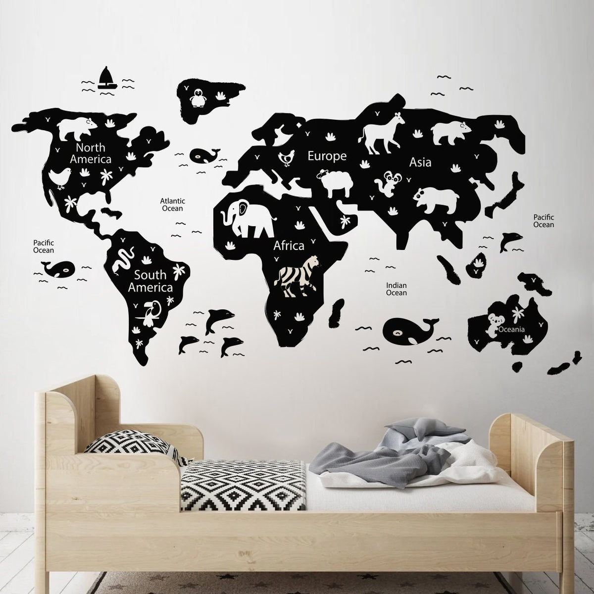 Kids World Map Decal: Nursery Animals Wall Art