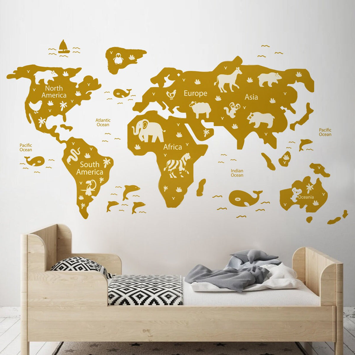 Kids World Map Decal: Nursery Animals Wall Art