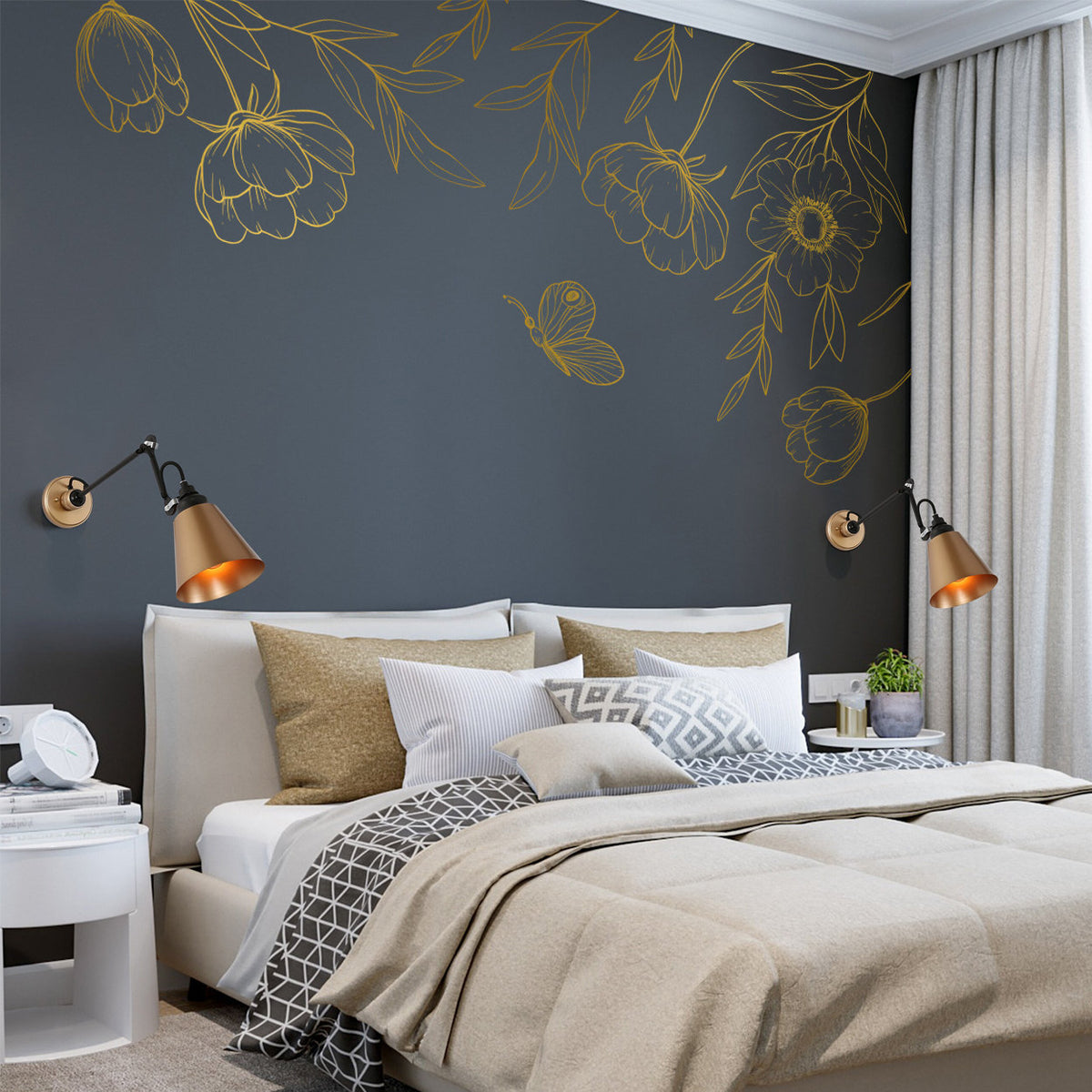 Floral Corner Wall Decal: Botanical Vinyl Flower Art for Bedroom