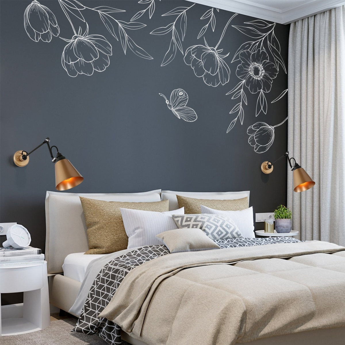 Floral Corner Wall Decal: Botanical Vinyl Flower Art for Bedroom
