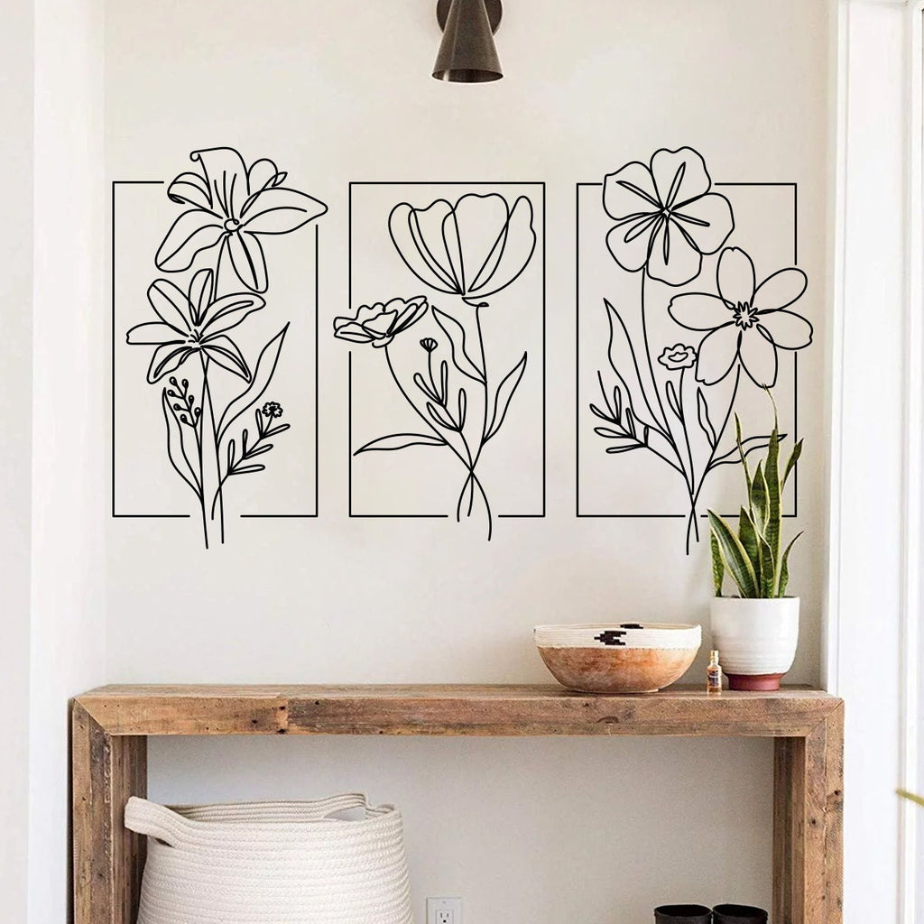 Flowers with Triptych Effect Wall Art Decal for Home Decor