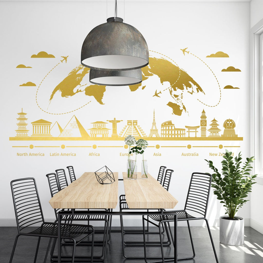 World Map Wall Decal: Travel Landmarks Sticker