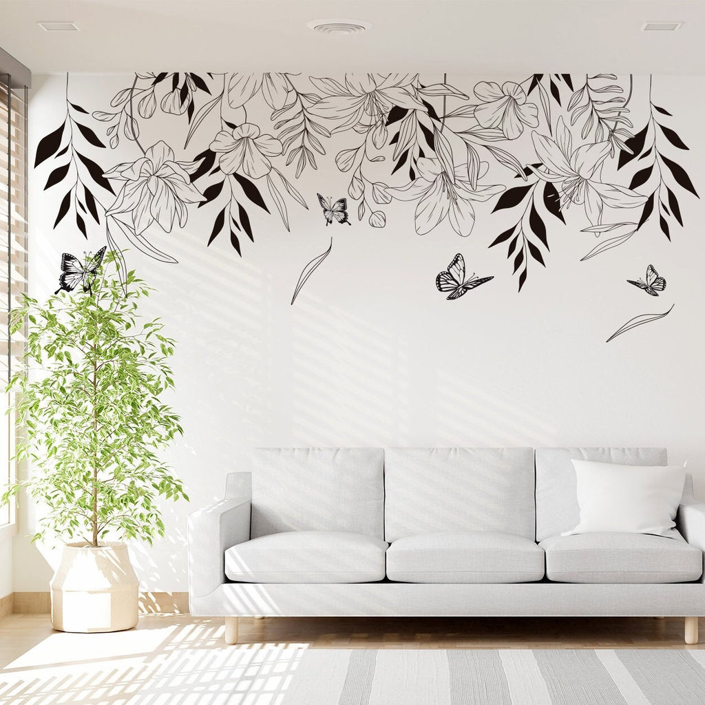 Floral Butterfly Wall Decal: Minimalist Nature Vinyl Sticker