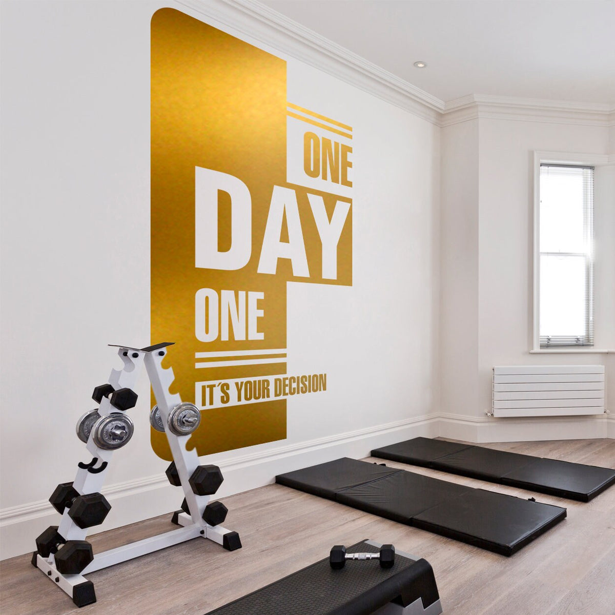 Gym Wall Decal, Motivational Quote "Day One", Fitness Art Sticker