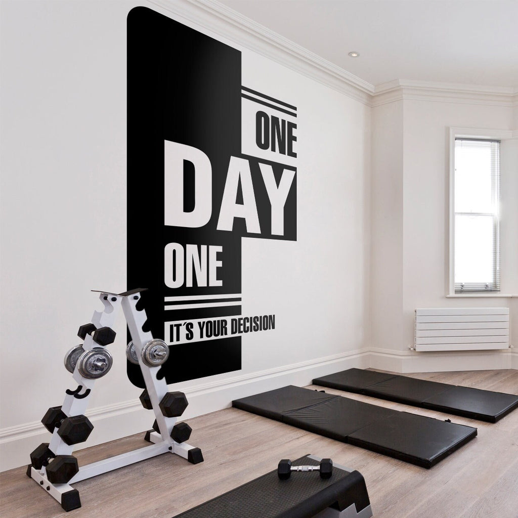 Gym Wall Decal, Motivational Quote "Day One", Fitness Art Sticker