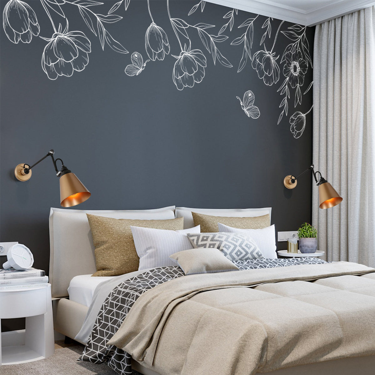 Floral Corner Wall Decal: Botanical Vinyl Flower Art for Bedroom