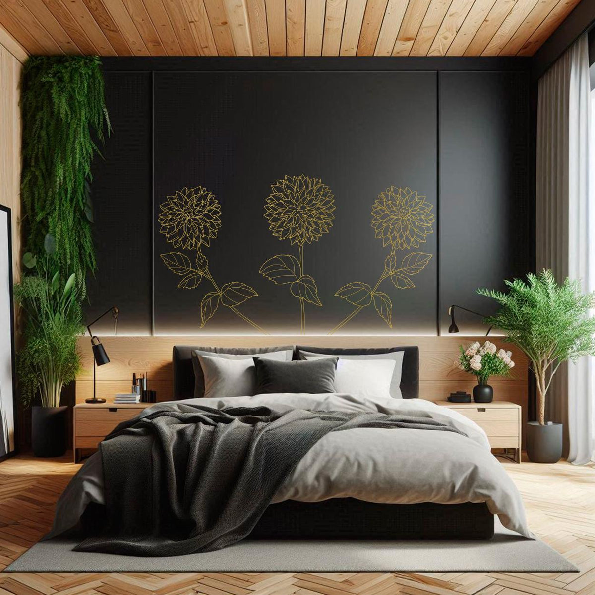 Dahlia Floral Headboard Wall Decal - Nature-themed, Minimalist, Serene Art for Kids' Bedrooms and Nurseries