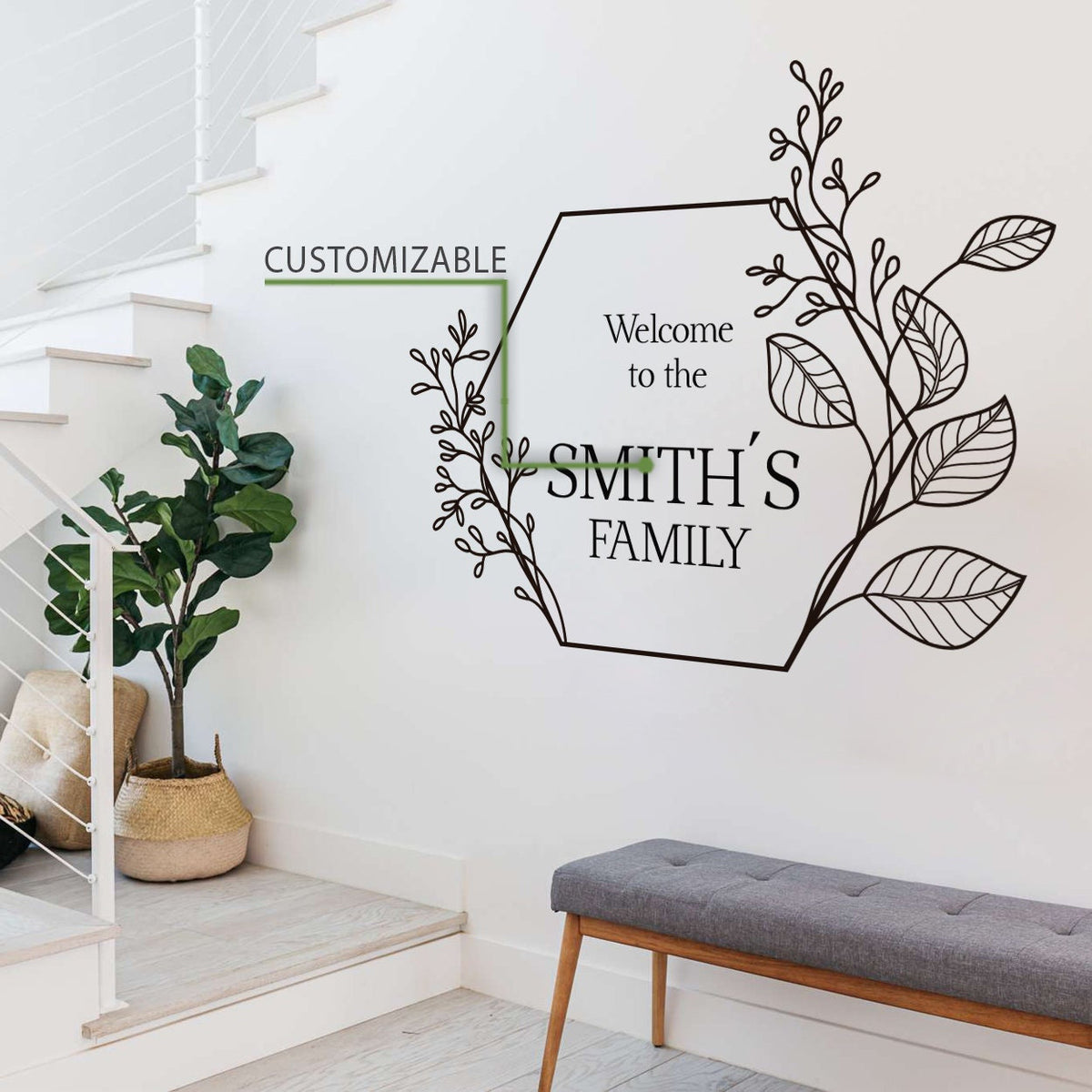 Personalized Family Name Welcome Sign - Floral Wall Decal, Minimalist Home Decor, Custom Vinyl Sticker for Nature-Inspired Elegance